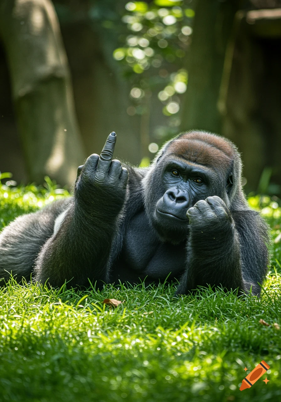A photo-realistic gorilla lying on green grass, looking at the camera and holding up its middle finger.