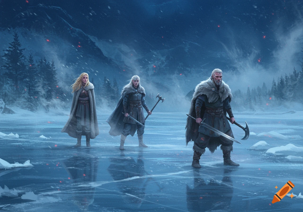 Three warriors, two women and a man, stand on a frozen river in a snowy, misty, blue winter landscape with red glows.