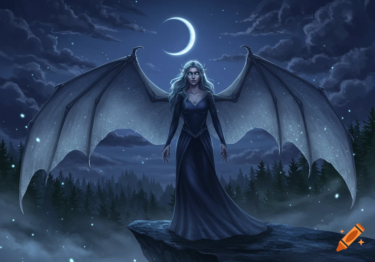 A white-haired woman with large bat-like wings stands on a cliff under a crescent moon, overlooking a misty forest.