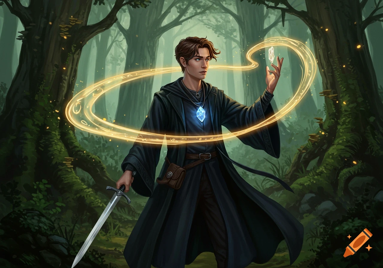 A young wizard in a black robe, holding a sword and casting a spell with glowing golden magic in a mystical forest.