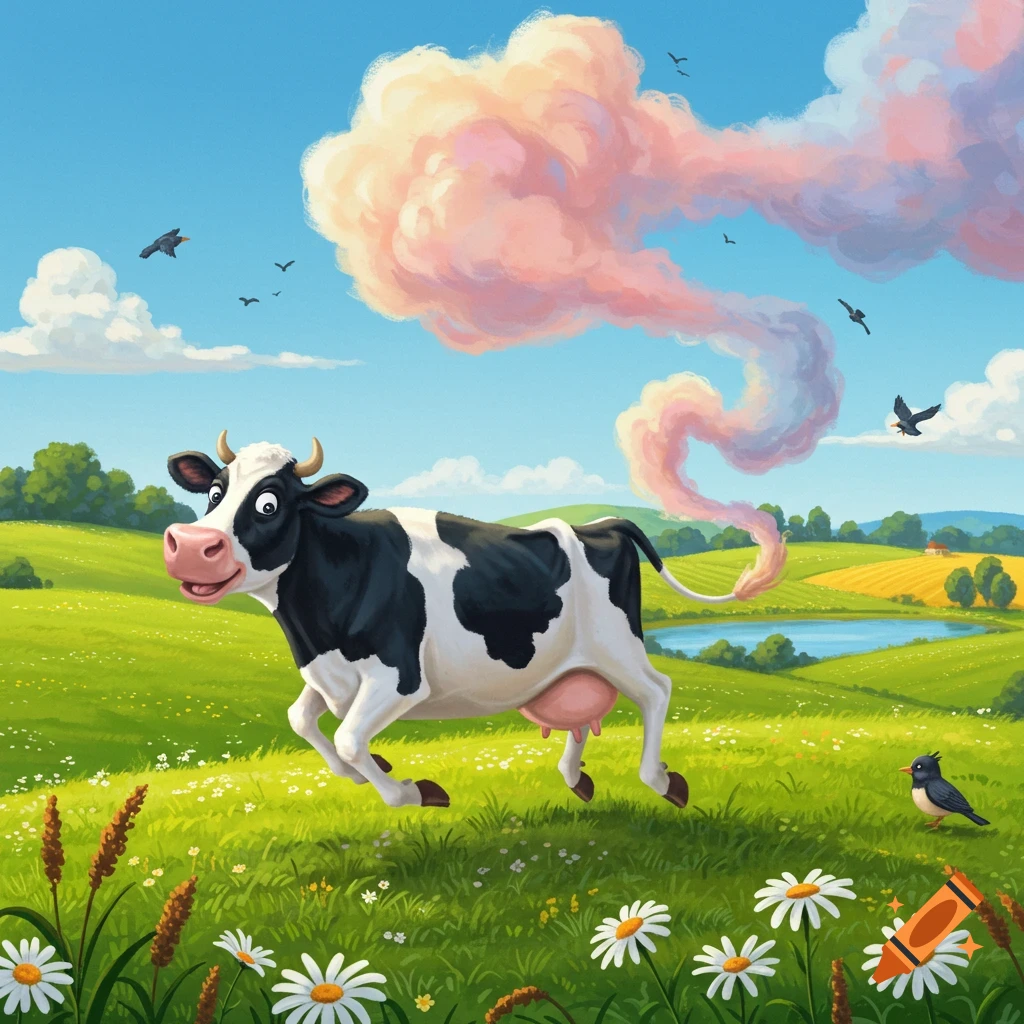A cartoon black and white cow runs through a green field with daisies under a blue sky, leaving a pink cloud trail.