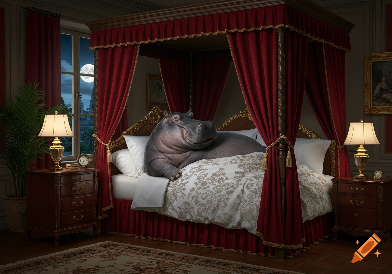 A photorealistic hippo lies comfortably in a luxurious four-poster bed in a dark bedroom with moonlight streaming through the window.
