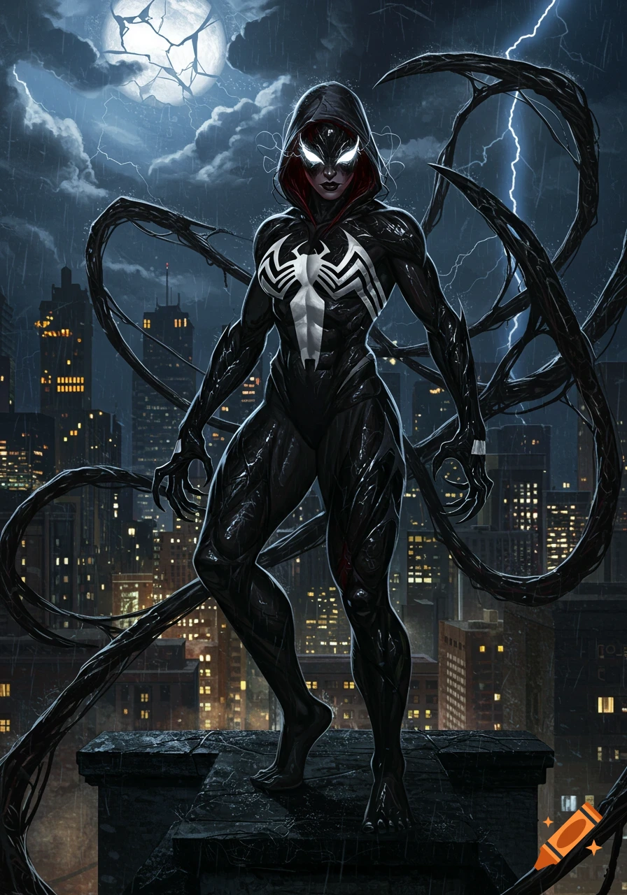 Female superhero in black Venom suit with white spider symbol on a rainy city rooftop at night with lightning and a full moon.