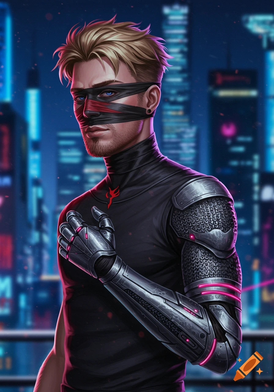 A blonde man with a black blindfold, black shirt with a red symbol, and a metallic, glowing prosthetic left arm stands against a blurred neon cityscape.