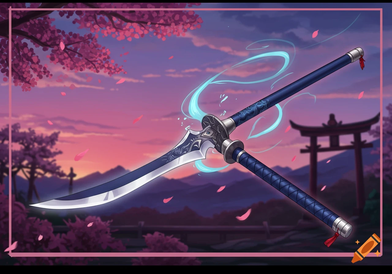 Anime-style naginata with a glowing blade and ornate hilt, against a vibrant sunset with cherry blossoms and a torii gate.