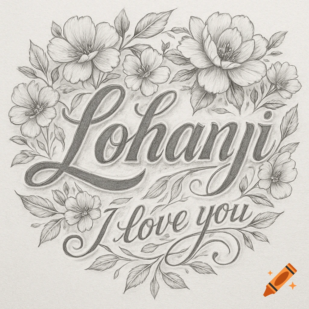 A detailed pencil sketch featuring the name "Lohanji" in elegant script surrounded by blooming flowers and leaves, with "I love you" inscribed below.