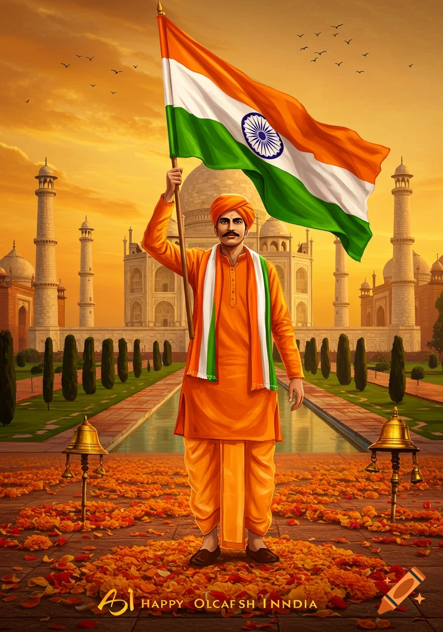 A man in traditional orange Indian attire holds a large Indian flag in front of the Taj Mahal at sunset, surrounded by orange flower petals.