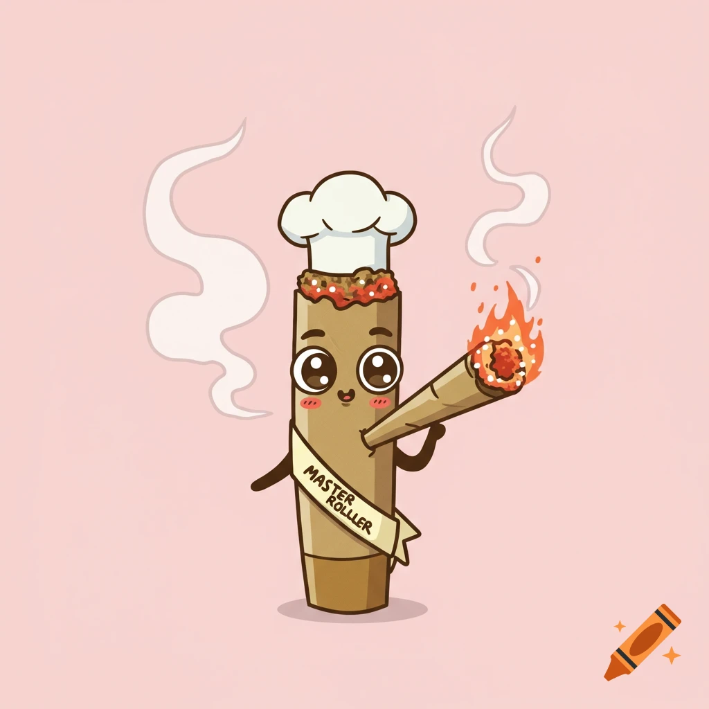 A cute cartoon pre-roll character wearing a chef's hat and a 'Master Roller' sash, holding a lit joint with a donut hole tip, emitting smoke.