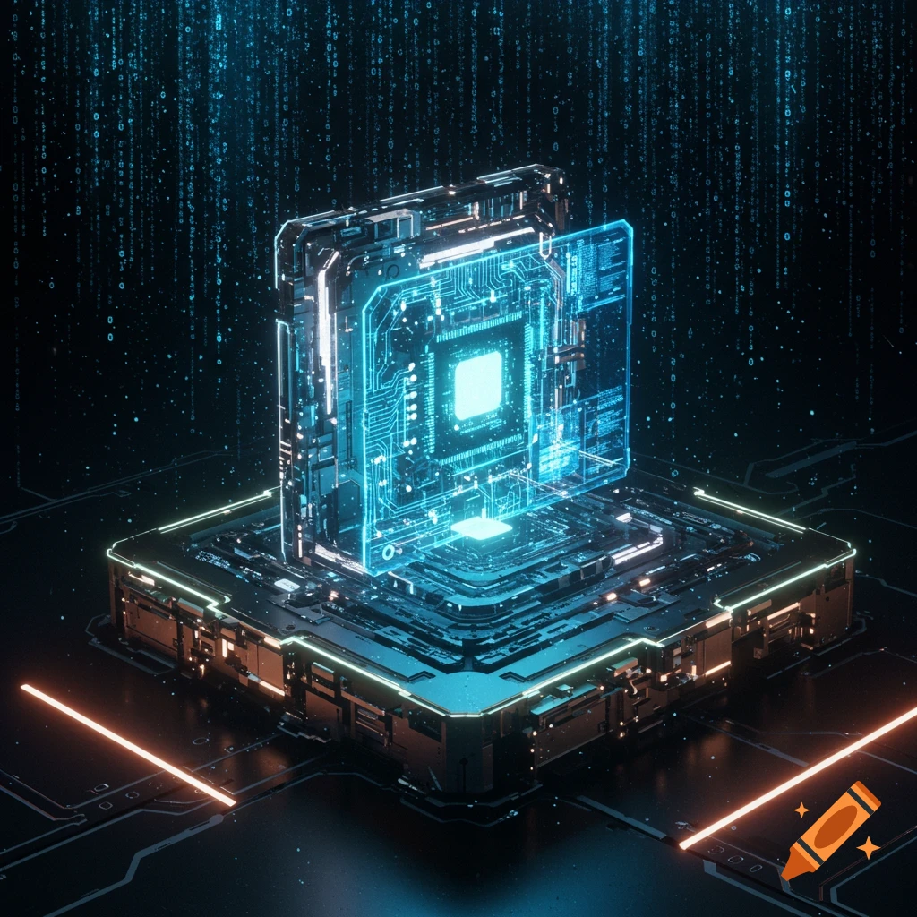 A glowing blue futuristic computer chip stands on a circuit board, with binary code raining down in the dark background.