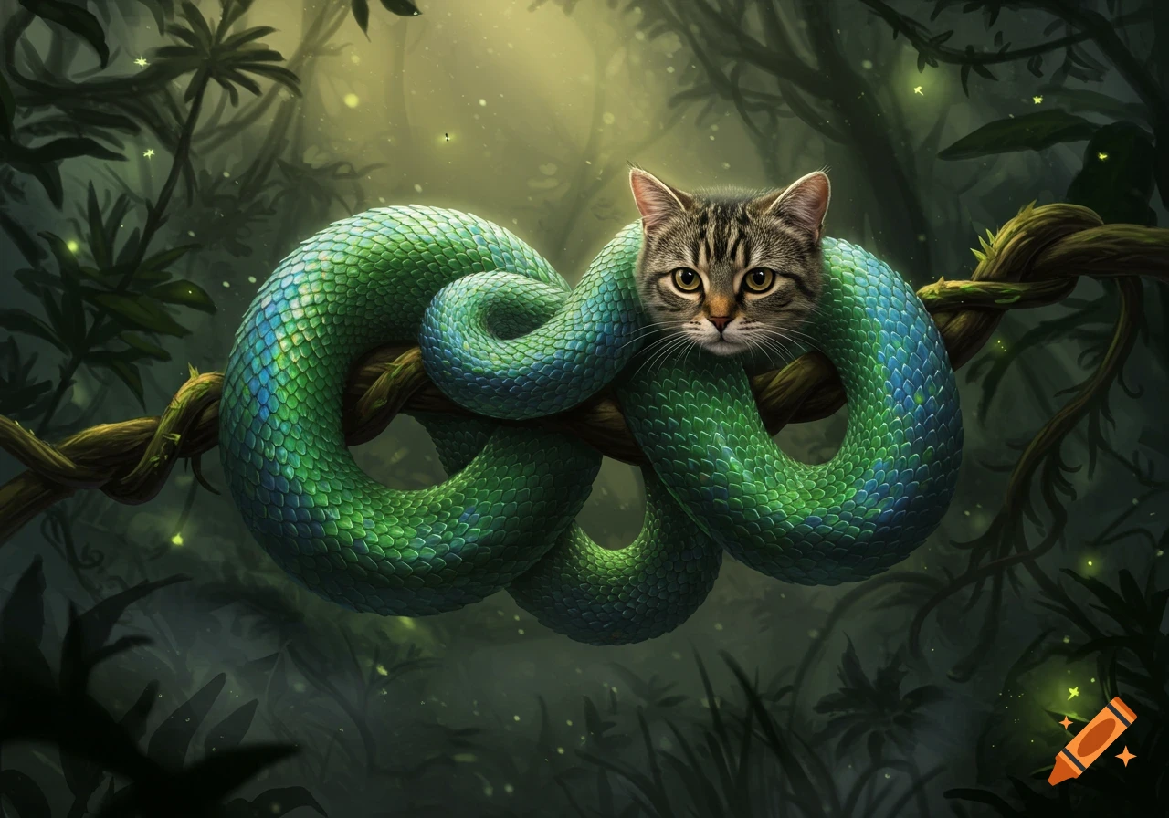 A tabby cat's head emerges from a coiled green snake body wrapped around a tree branch in a mystical jungle.