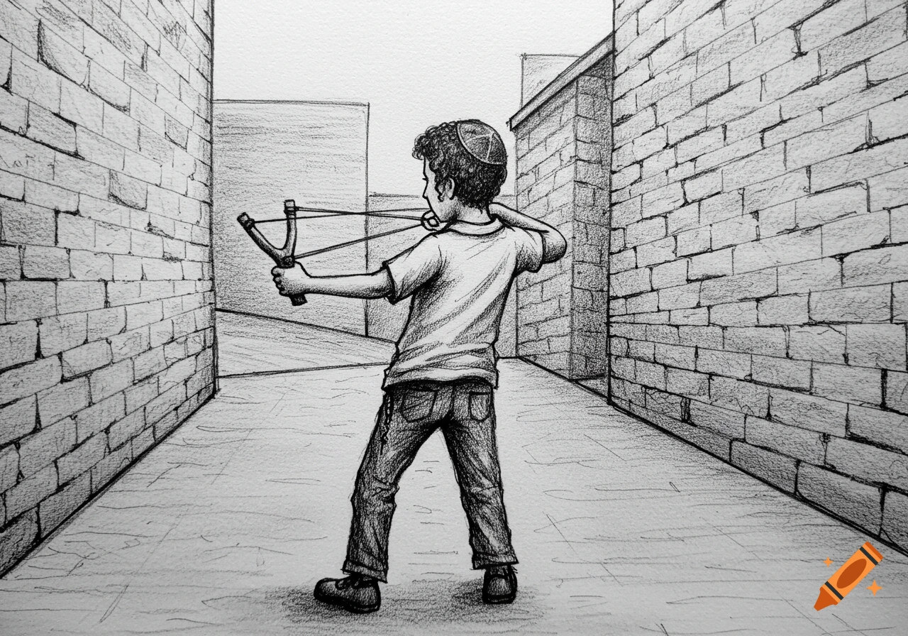 Black and white drawing of a boy with a kippah, back to viewer, aiming a slingshot in a narrow alley with brick walls.