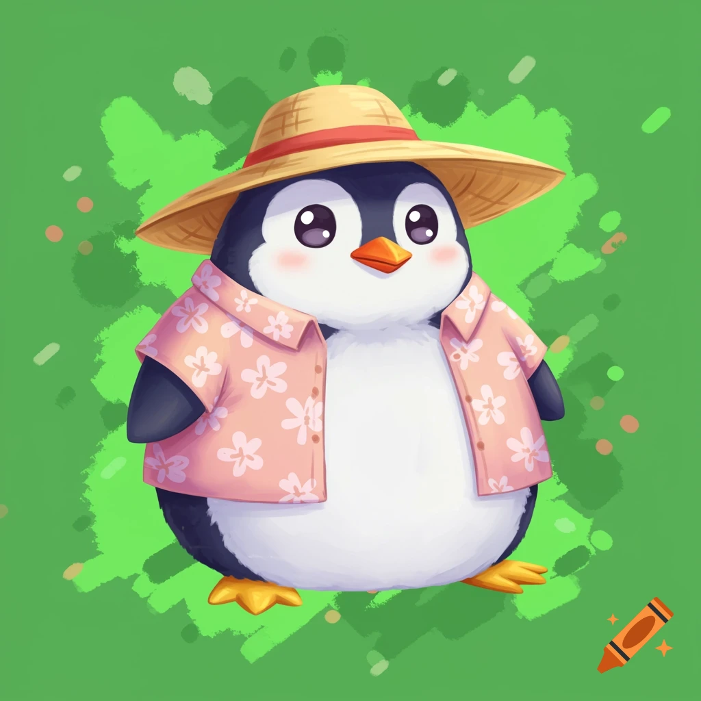 A cute, pudgy cartoon penguin wears a straw hat and a pink Hawaiian shirt against a green background.