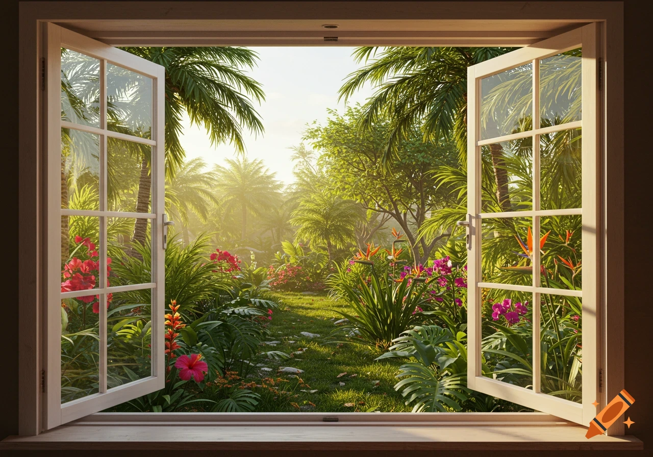 A view from inside a room looking out through open white-framed windows onto a lush, vibrant tropical garden with palm trees and colorful flowers under a bright sunny sky.