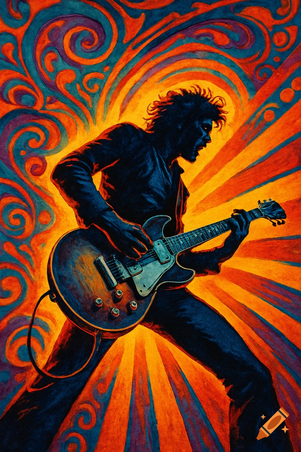 A silhouetted male guitarist rocks out on an electric guitar against a vibrant, swirling psychedelic background in orange, red, and blue.