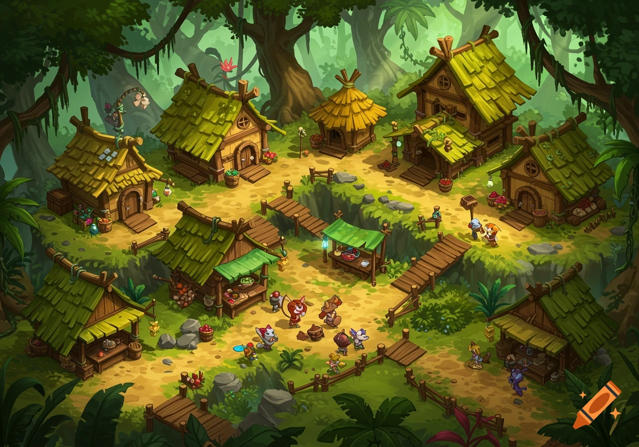 A vibrant cartoon illustration of an animal village in a lush rainforest, featuring small huts, market stalls, and animals on dirt paths and wooden bridges.