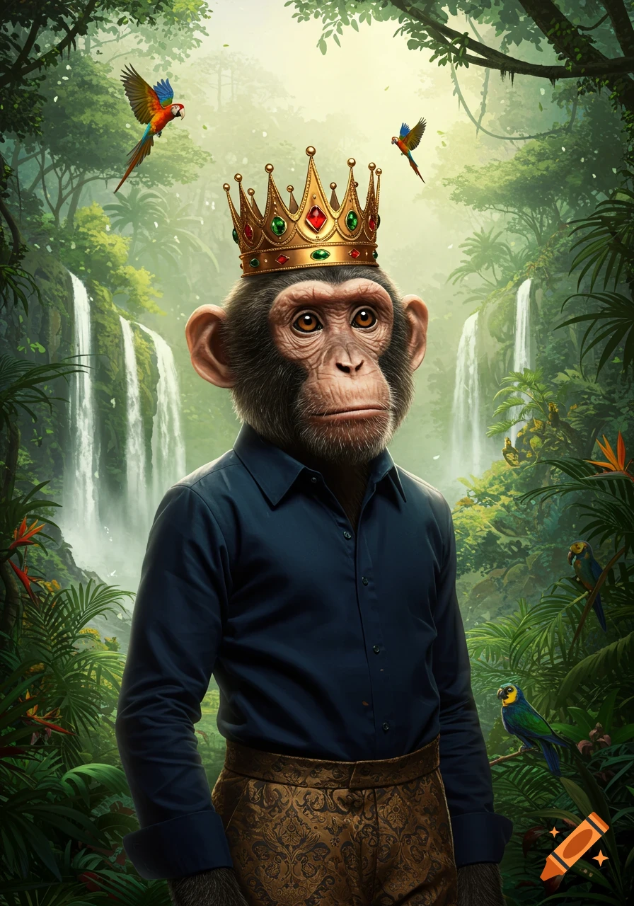 A majestic chimpanzee wearing a golden crown, blue shirt, and ornate pants stands in a lush jungle with waterfalls and colorful macaws.