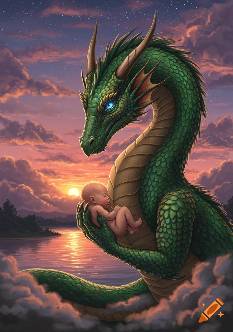 A majestic green dragon with blue eyes gently cradles a sleeping human baby at sunset over a calm lake.