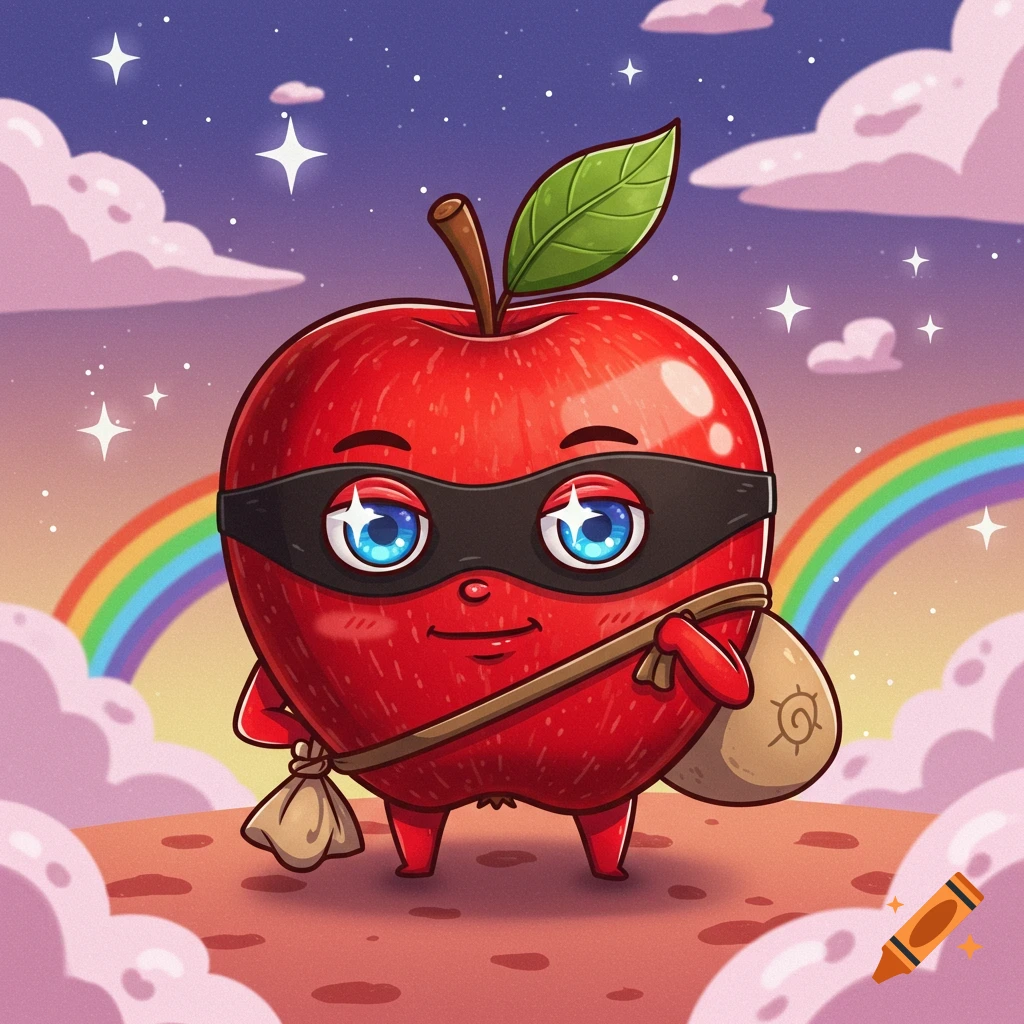 A cartoon apple character wearing a black robber mask and holding two sacks, standing on a pink hill under a starry night sky with a rainbow.
