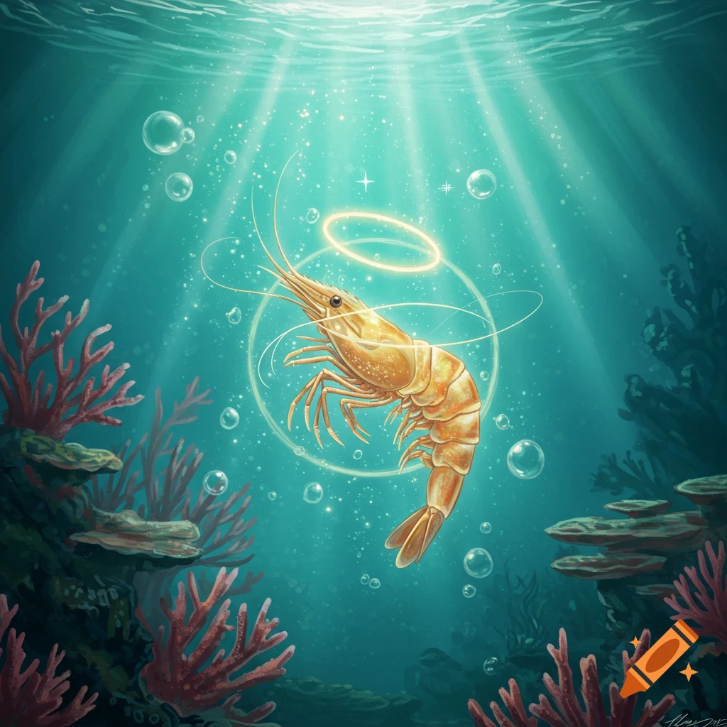 A golden shrimp with a glowing halo floats underwater among coral and bubbles, bathed in light rays.