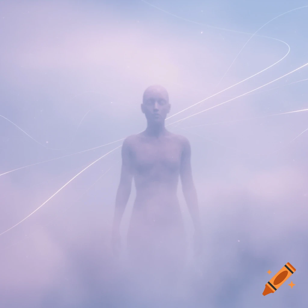 Ethereal figure shrouded in purple-pink and blue mist with light streaks.