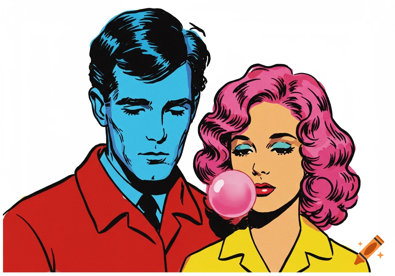 Pop art illustration of a man with blue skin and a woman with pink hair blowing a bubble gum bubble.