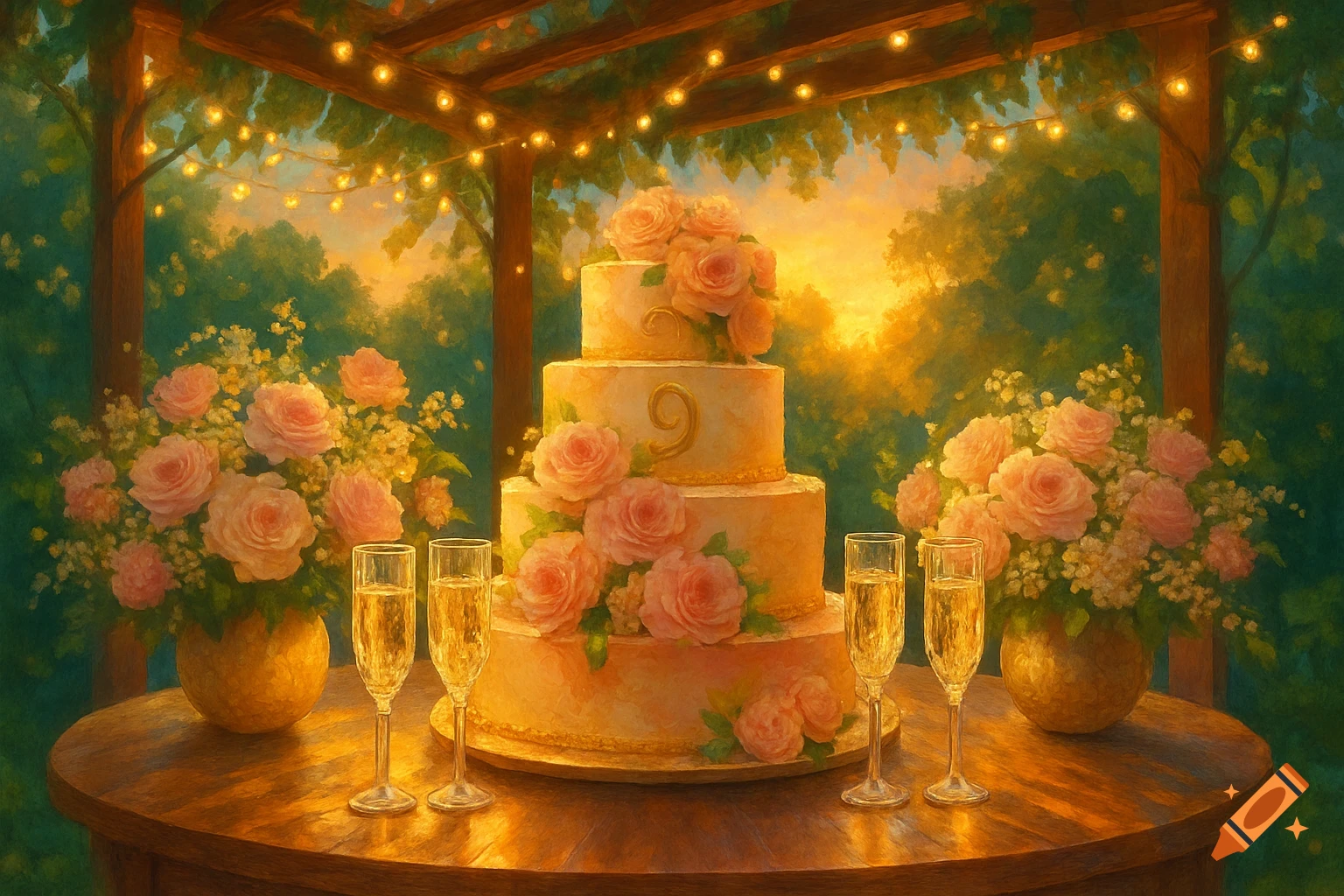 A three-tier cake with pink roses and a '9', champagne flutes, and bouquets on a table under a lit pergola at sunset in a painterly style.