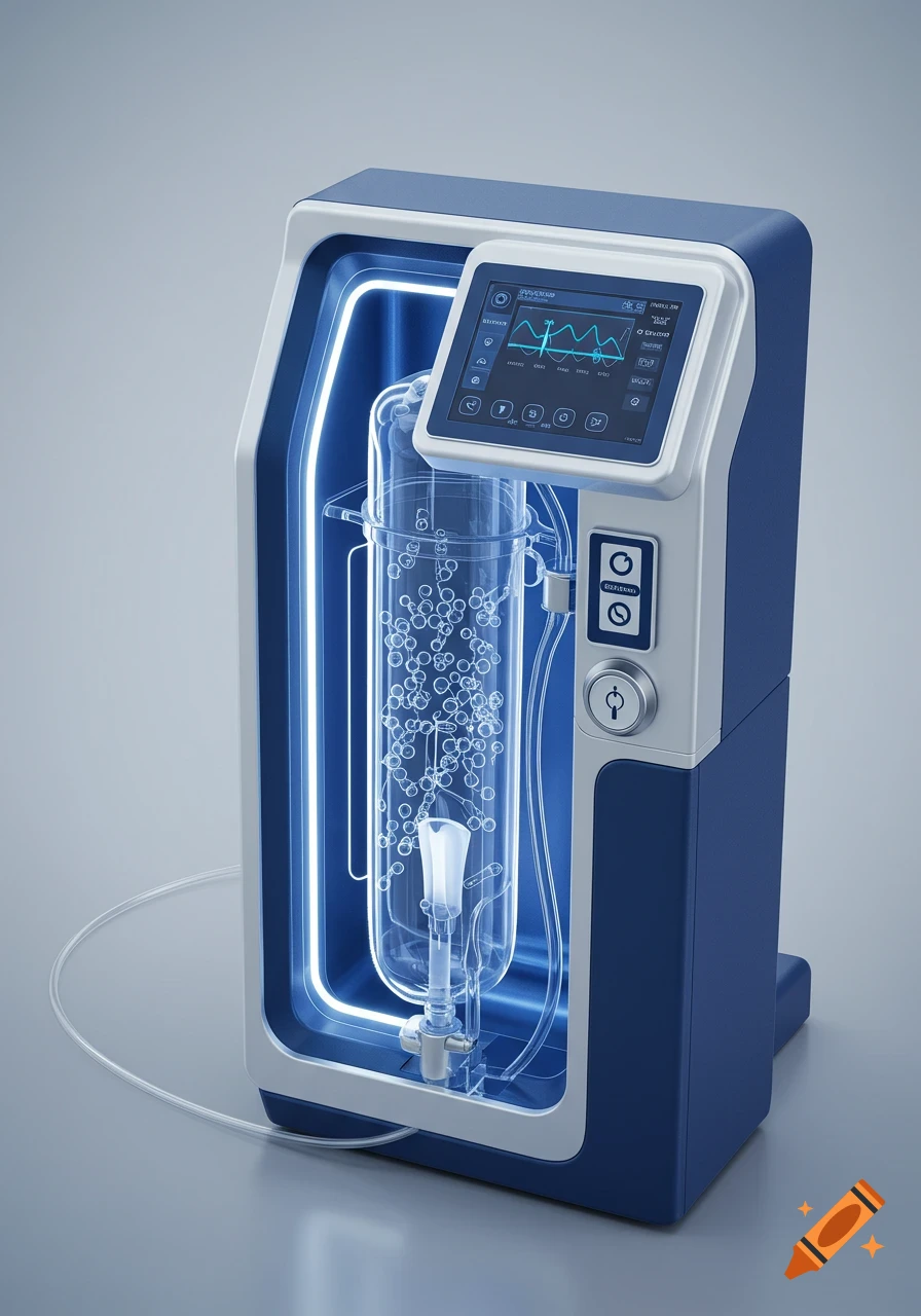 A futuristic, blue and white medical device with a clear glass chamber filled with bubbles, glowing blue lights, a screen displaying a waveform, and various buttons.