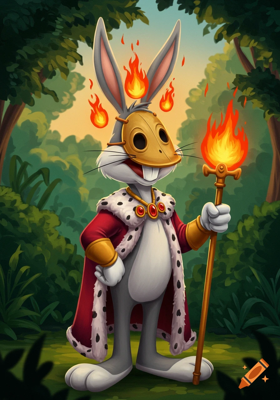 Bugs Bunny in a gold mask, royal robe, and crown of flames, holding a flaming scepter in a forest.