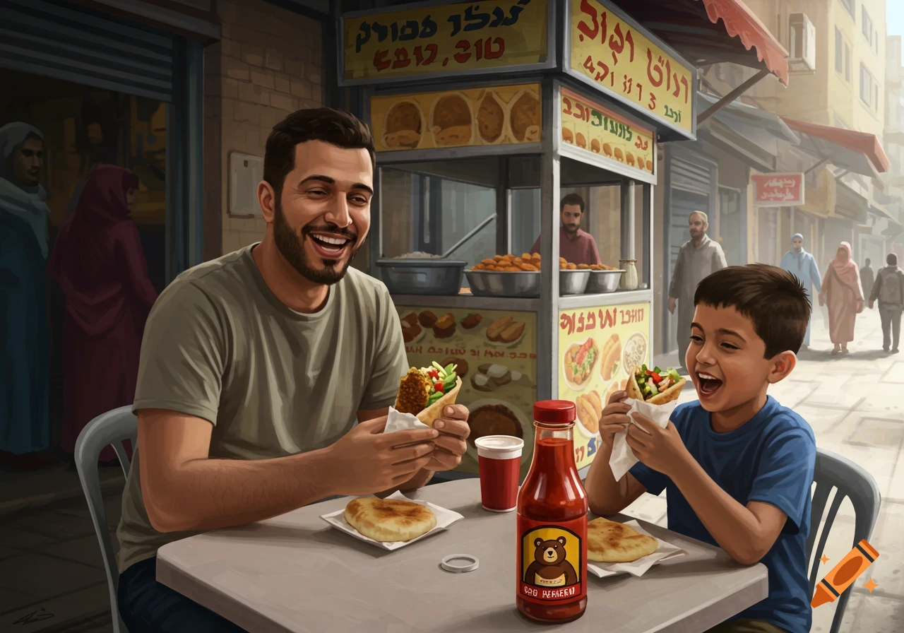 Smiling man and young boy eat falafel sandwiches at a street food stand. Red sauce bottle with a bear logo on the table.