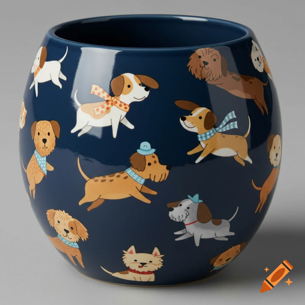 Round navy blue mug featuring a cheerful pattern of various cartoon dogs, some wearing scarves or hats.