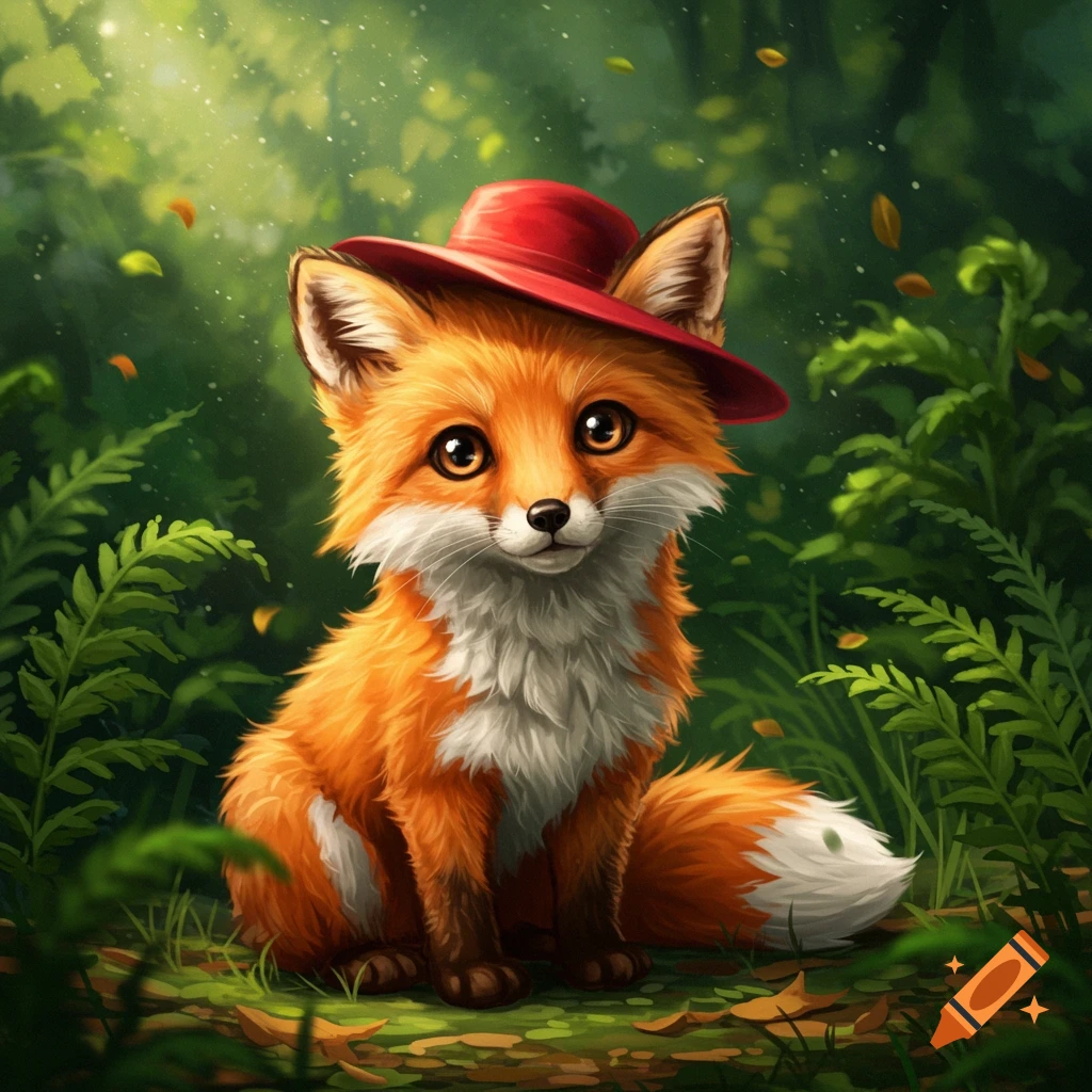 A cute orange fox with big eyes sits in a lush green forest, wearing a small red hat. Illustration style.