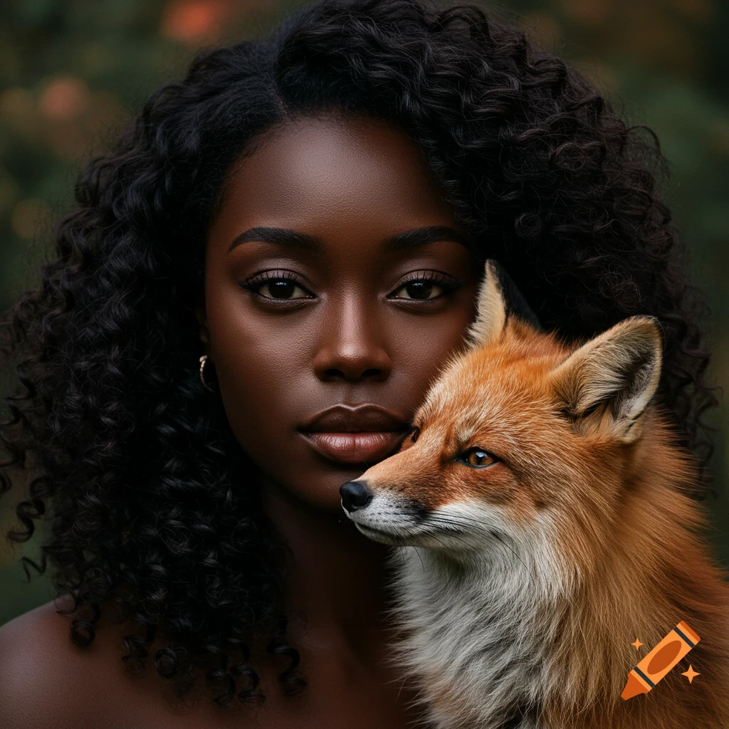 A close-up photorealistic portrait of a woman with dark curly hair, holding a red fox next to her face.
