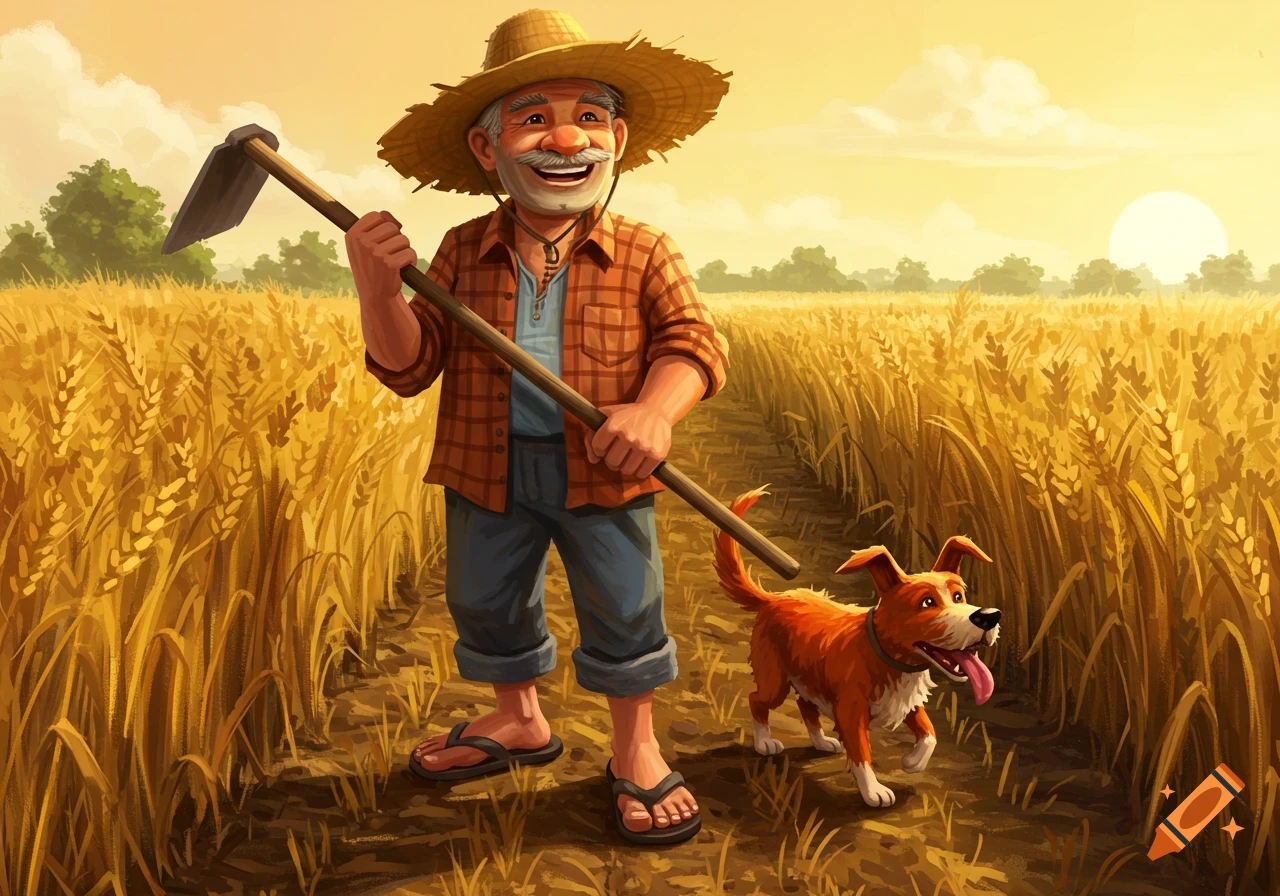 A smiling cartoon farmer in a straw hat and flip-flops holds a hoe while walking with his red dog through a golden wheat field at sunset.