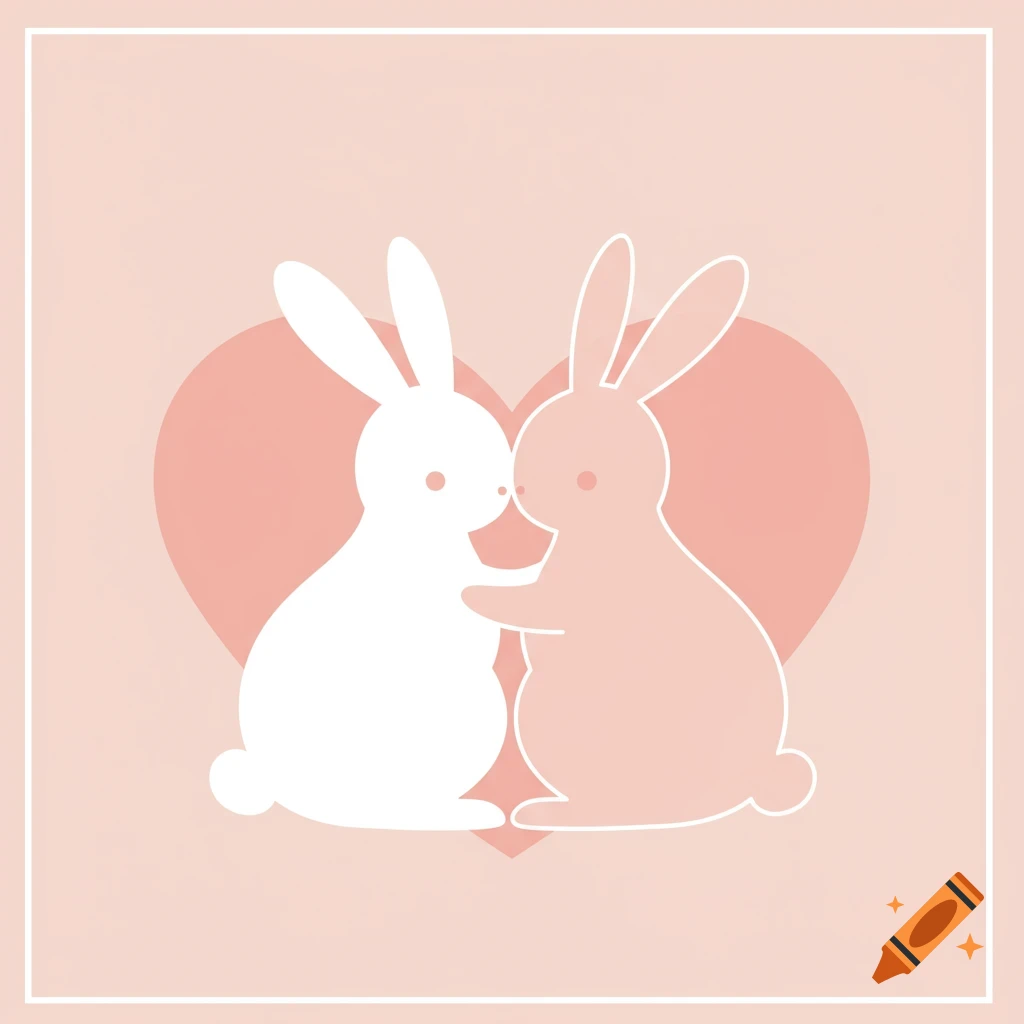 Minimalist vector art of two white and pink bunnies hugging in front of a pink heart.