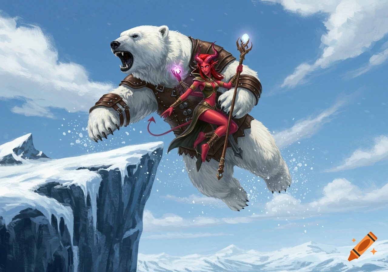 A large, armored polar bear leaps from a snowy cliff, carrying a red-skinned female tiefling sorcerer with a glowing staff and orb on its back. The sky is bright blue.