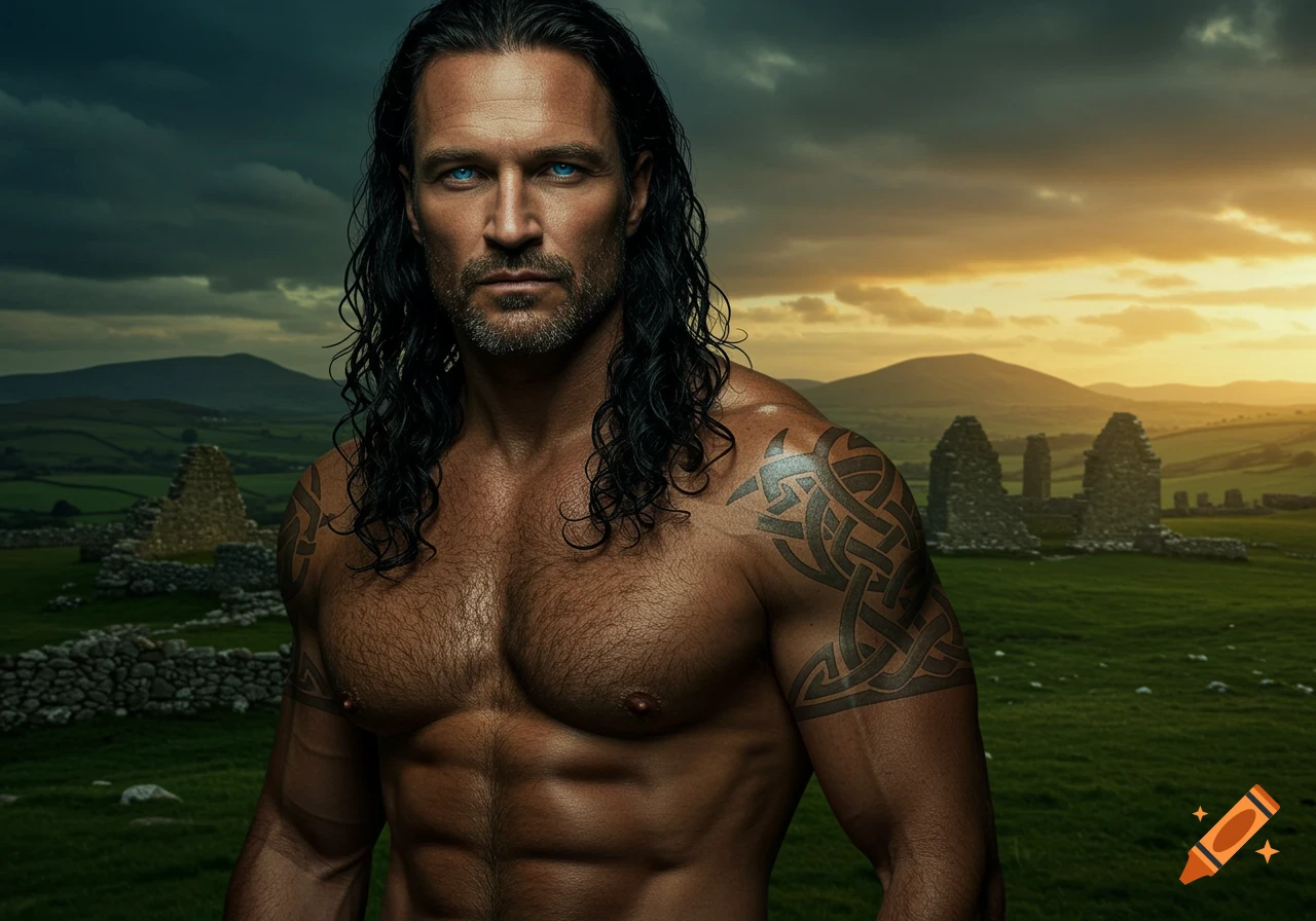 Muscular man with long dark hair, blue eyes, and Celtic tattoos stands in a field with stone ruins and a stormy sunset sky.