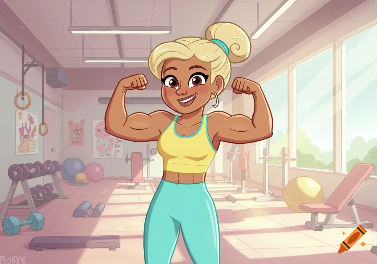 A smiling cartoon woman with blonde hair in a ponytail flexes her muscular arms in a colorful gym.