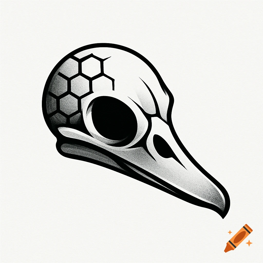 A black and white stylized illustration of a bird or duck skull with a honeycomb pattern on the back of its head.
