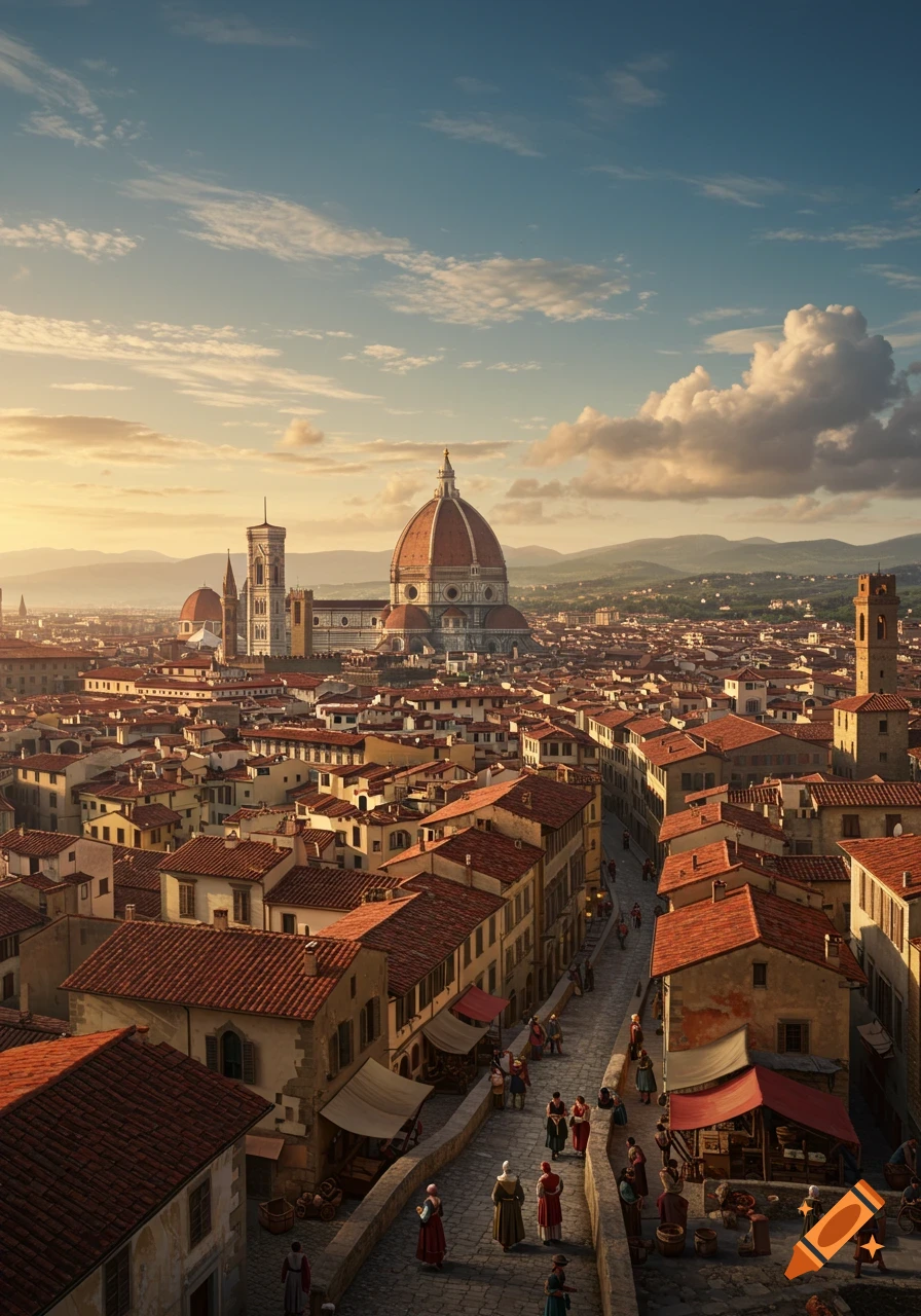 Photorealistic aerial view of Florence at sunset, with the Duomo dominating the skyline and a bustling street market below.