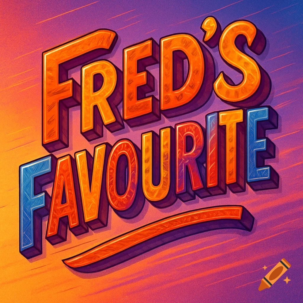 Vibrant, stylized 3D typography art spelling 'FRED'S FAVOURITE' in orange and blue on a gradient background.