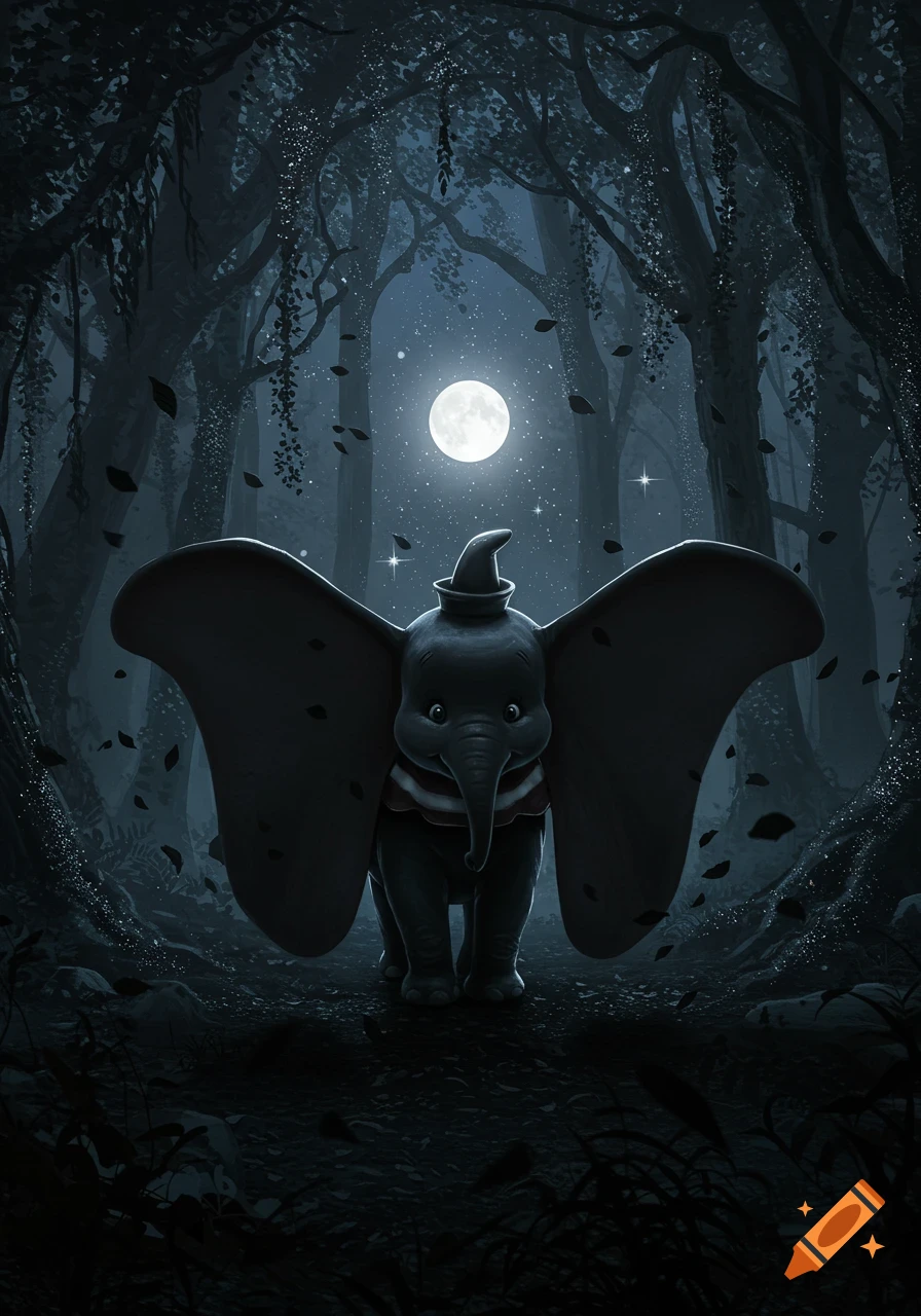 A cute Dumbo-like elephant with large ears and a hat stands in a dark forest at night under a bright full moon.