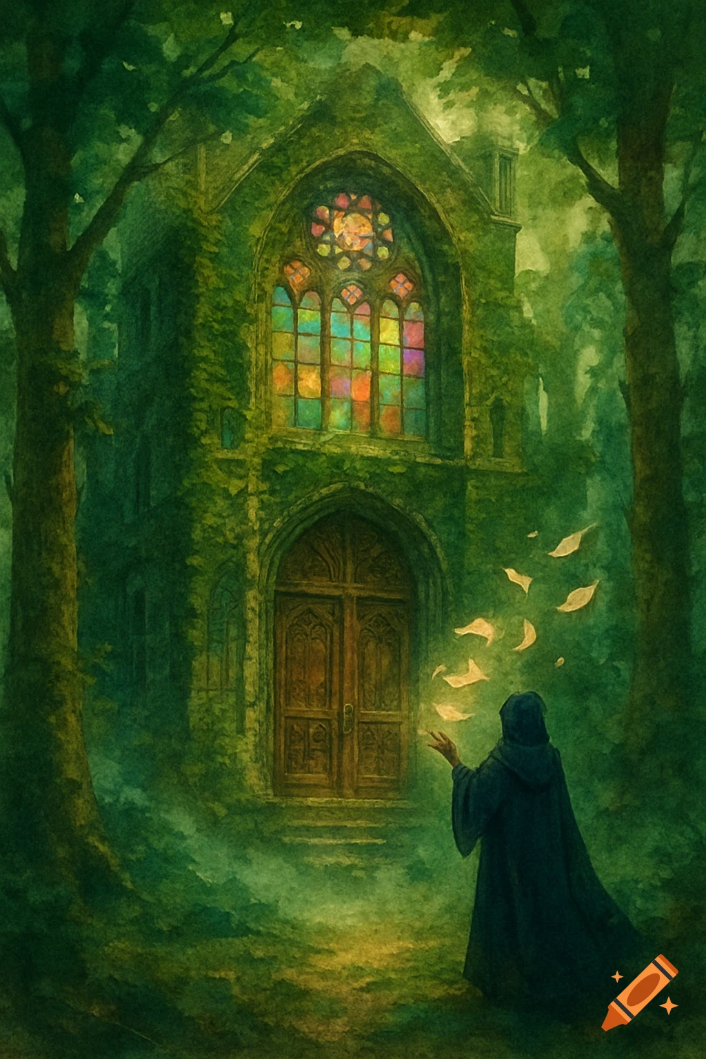 A robed figure stands before a vine-covered gothic building with stained glass in a mystical, green forest, casting glowing leaves. Painted style.