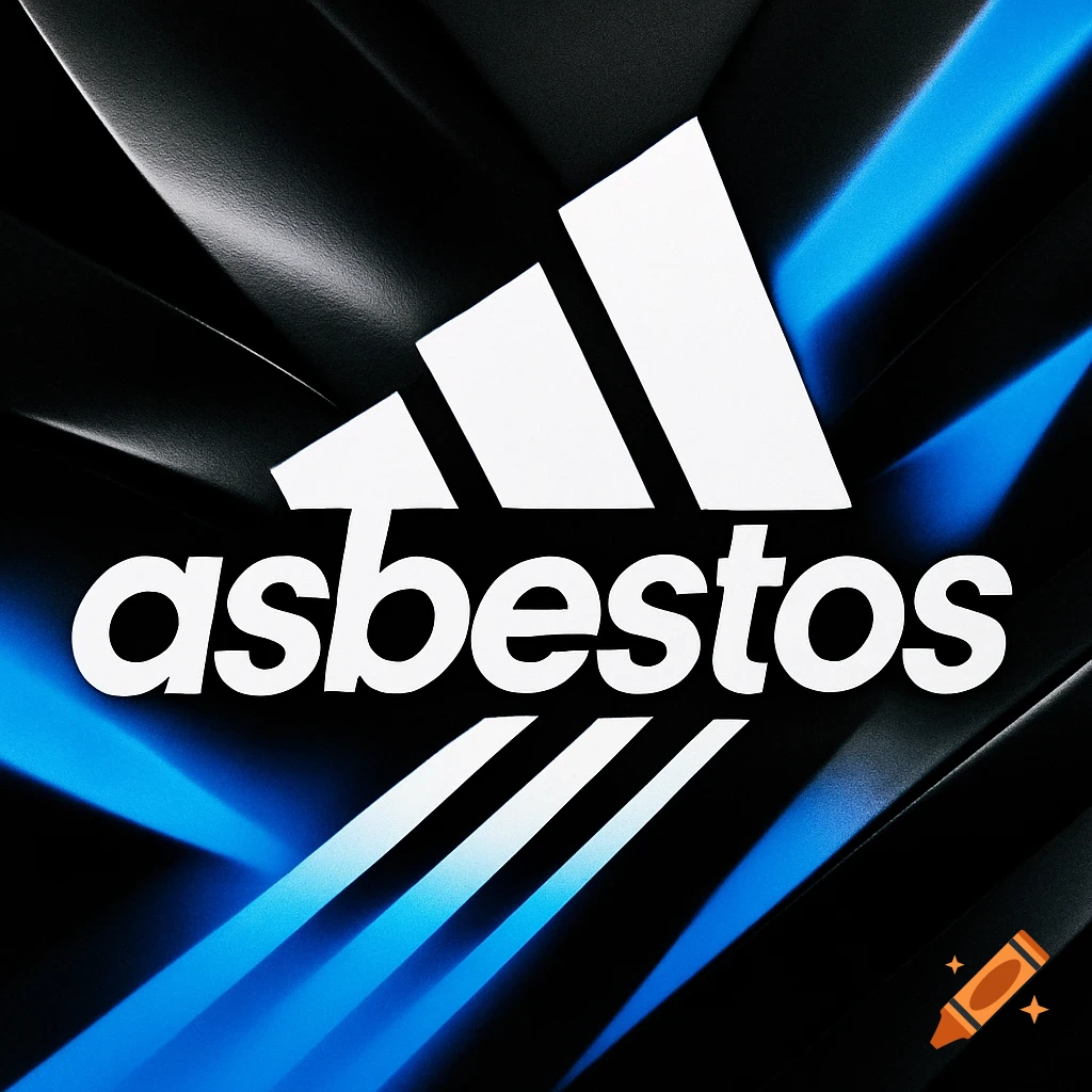 A white logo in the style of Adidas, with three white stripes above the word 'asbestos' on a black and blue background.
