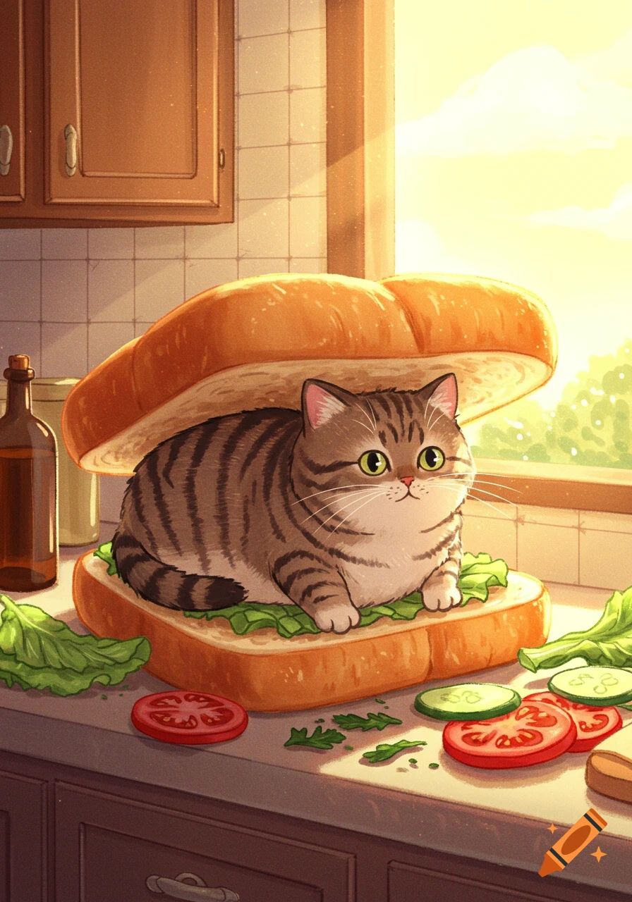 A cute, plump tabby cat sits on bread and lettuce, forming a sandwich on a sunny kitchen counter with sliced vegetables, in an illustration.