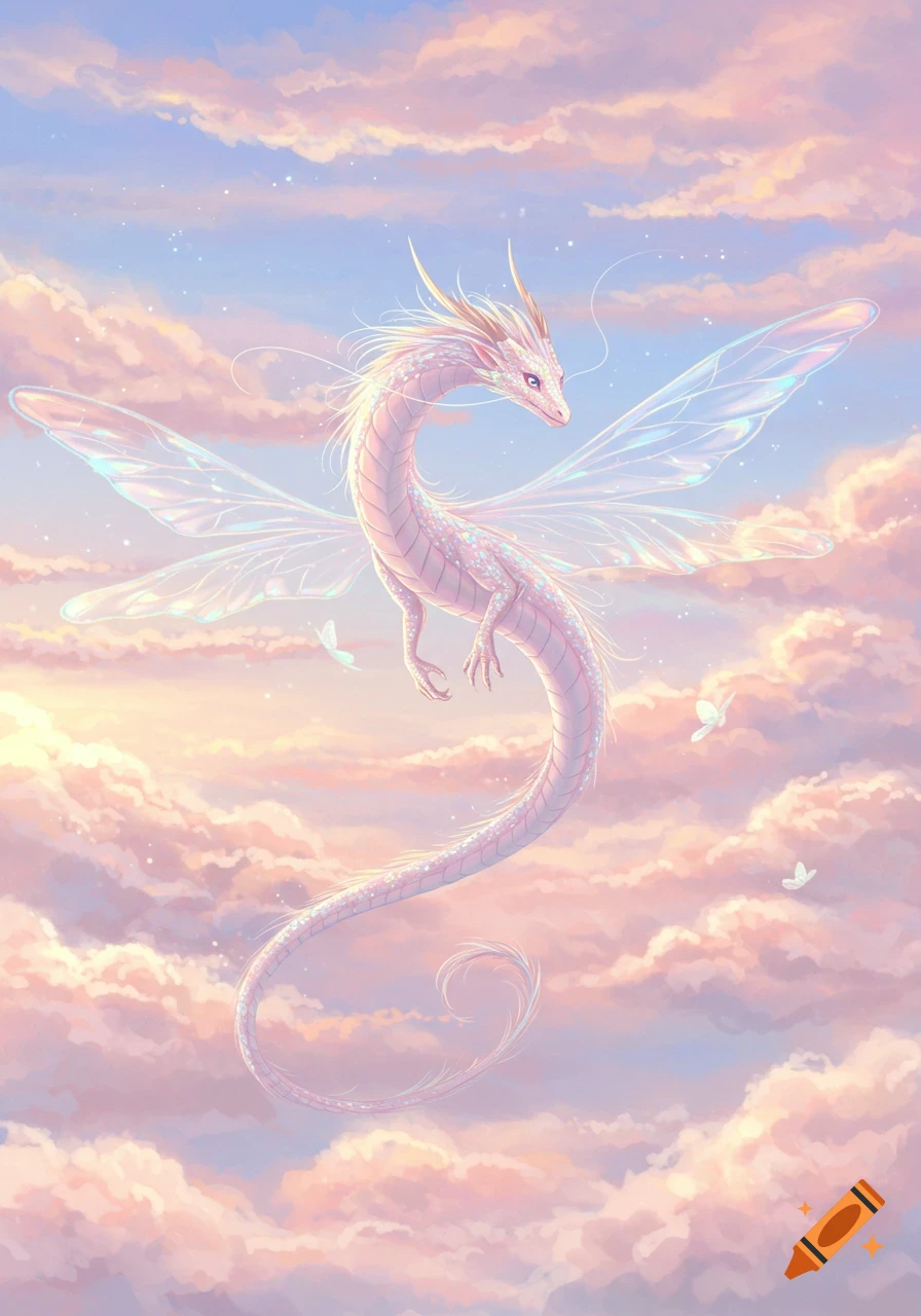A soft, pale iridescent dragon with large fairy-like wings gracefully glides through a pastel-colored sky filled with fluffy clouds.