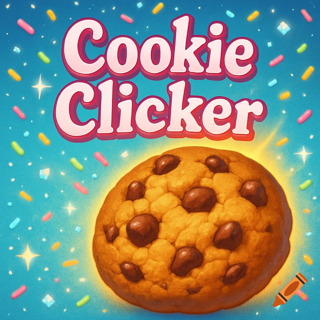 A stylized cartoon image of a large chocolate chip cookie on a blue background with sprinkles and the text "Cookie Clicker" above it.