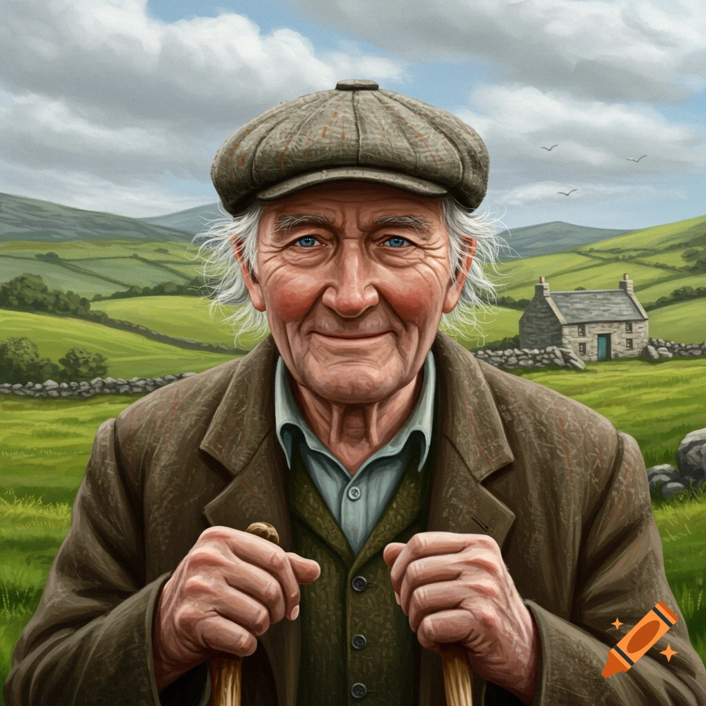 A smiling old man with a flat cap and white hair stands in a green, hilly rural landscape with a stone cottage.
