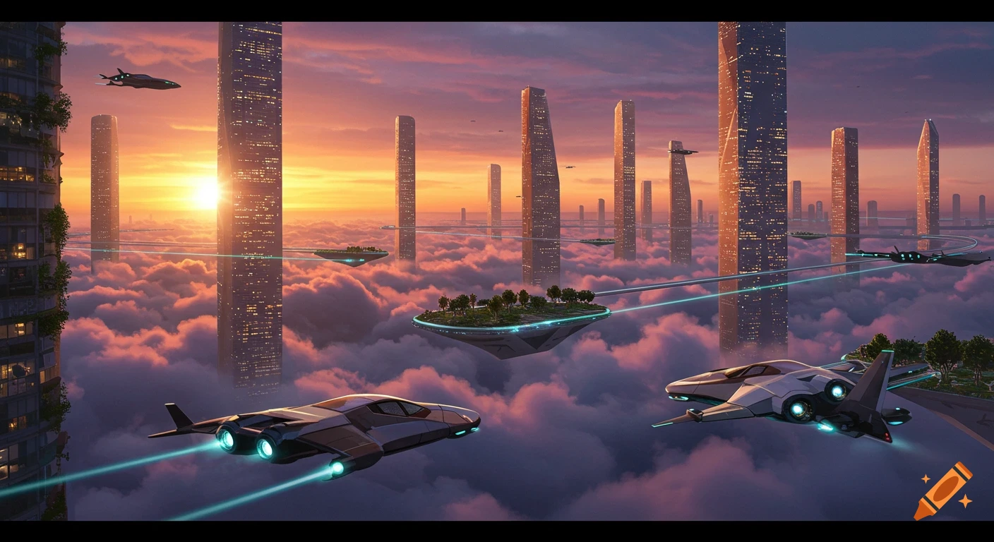 A vibrant futuristic city with tall skyscrapers, flying vehicles, and floating islands amidst clouds at sunset.