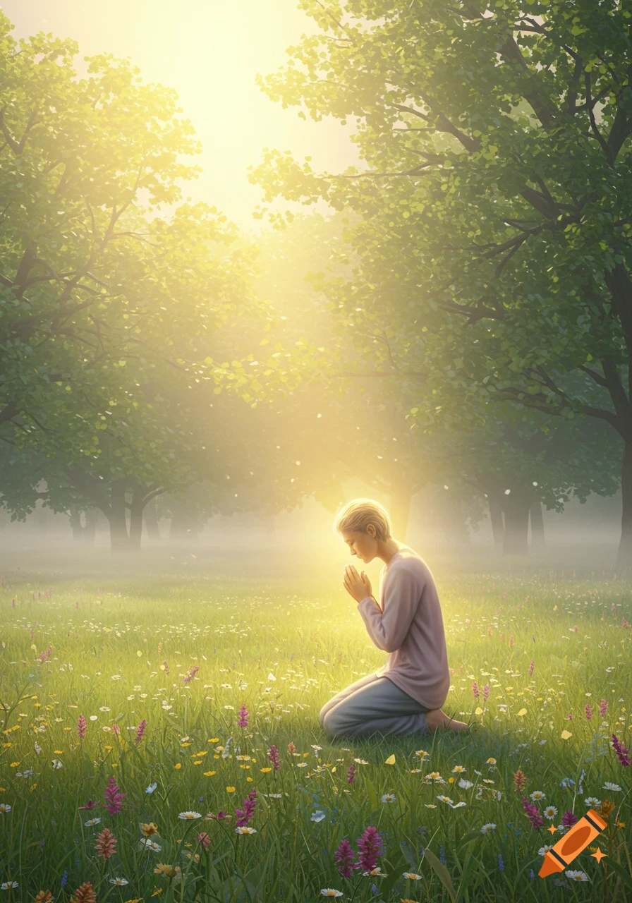 A person kneels in a sunlit field of wildflowers, hands clasped as if in prayer or meditation, surrounded by lush green trees and soft light.