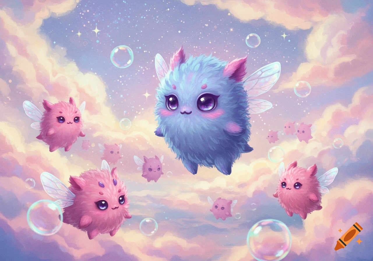 Cute blue and pink fluffy fantasy creatures with wings float in a pastel sky with clouds, stars, and bubbles.